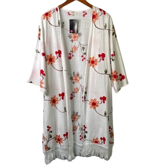 Umgee Floral Embroidered Long Duster Kimono Crochet Fringe Cover Up Colorful - Picture 3 of 15